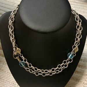 Lagos sterling silver 18k yellow gold blue topaz station necklace 34” long